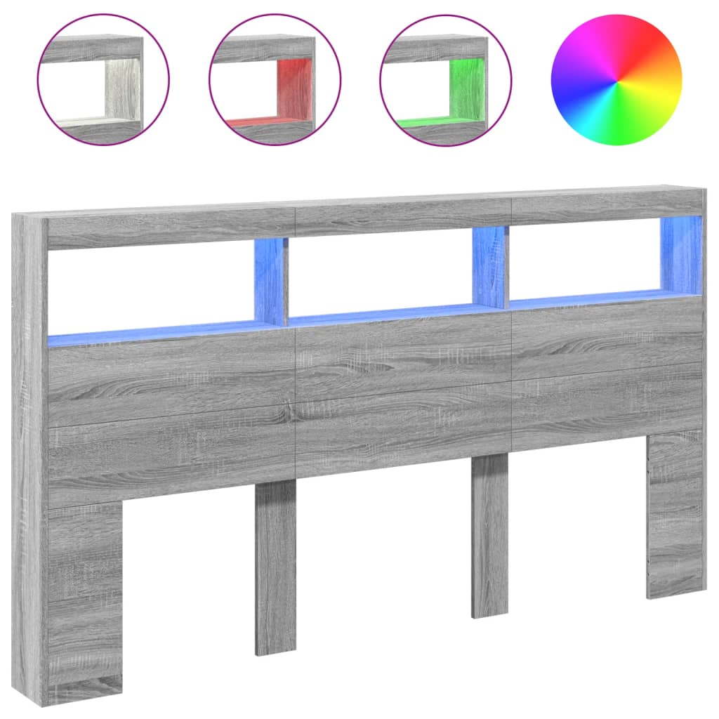 Headboard Cabinet with LED Grey Sonoma 180x17x102 cm