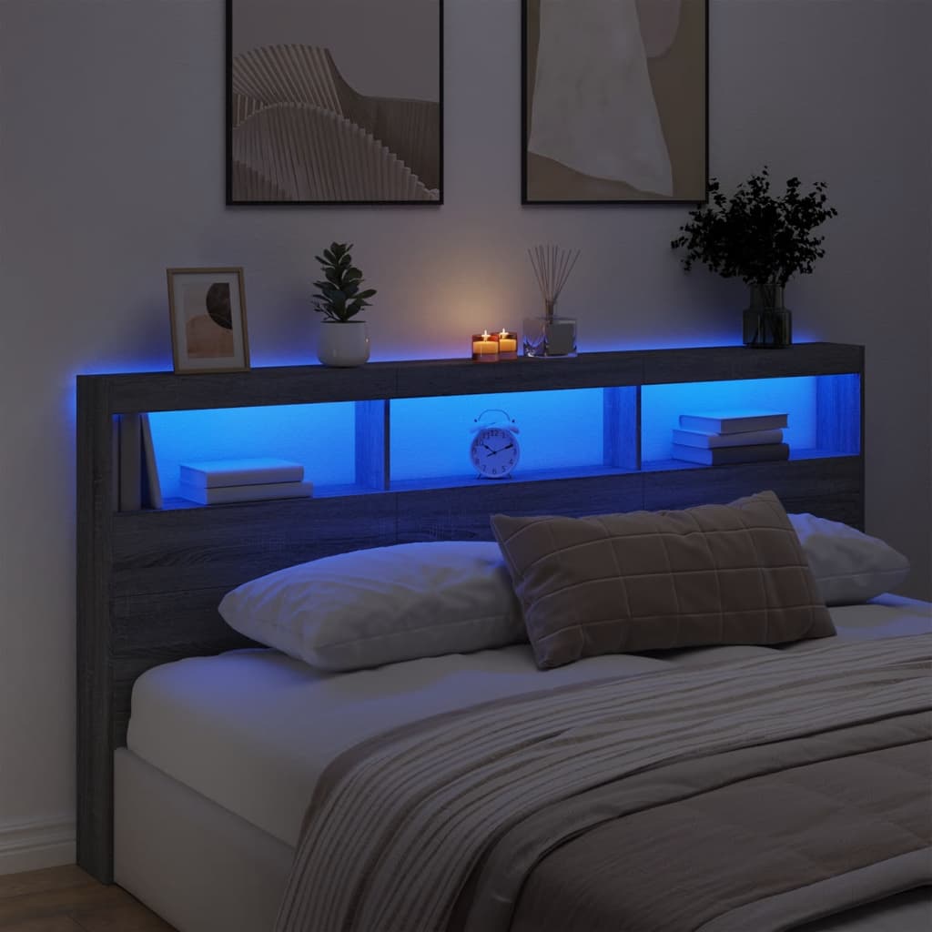 Headboard Cabinet with LED Grey Sonoma 200x17x102 cm