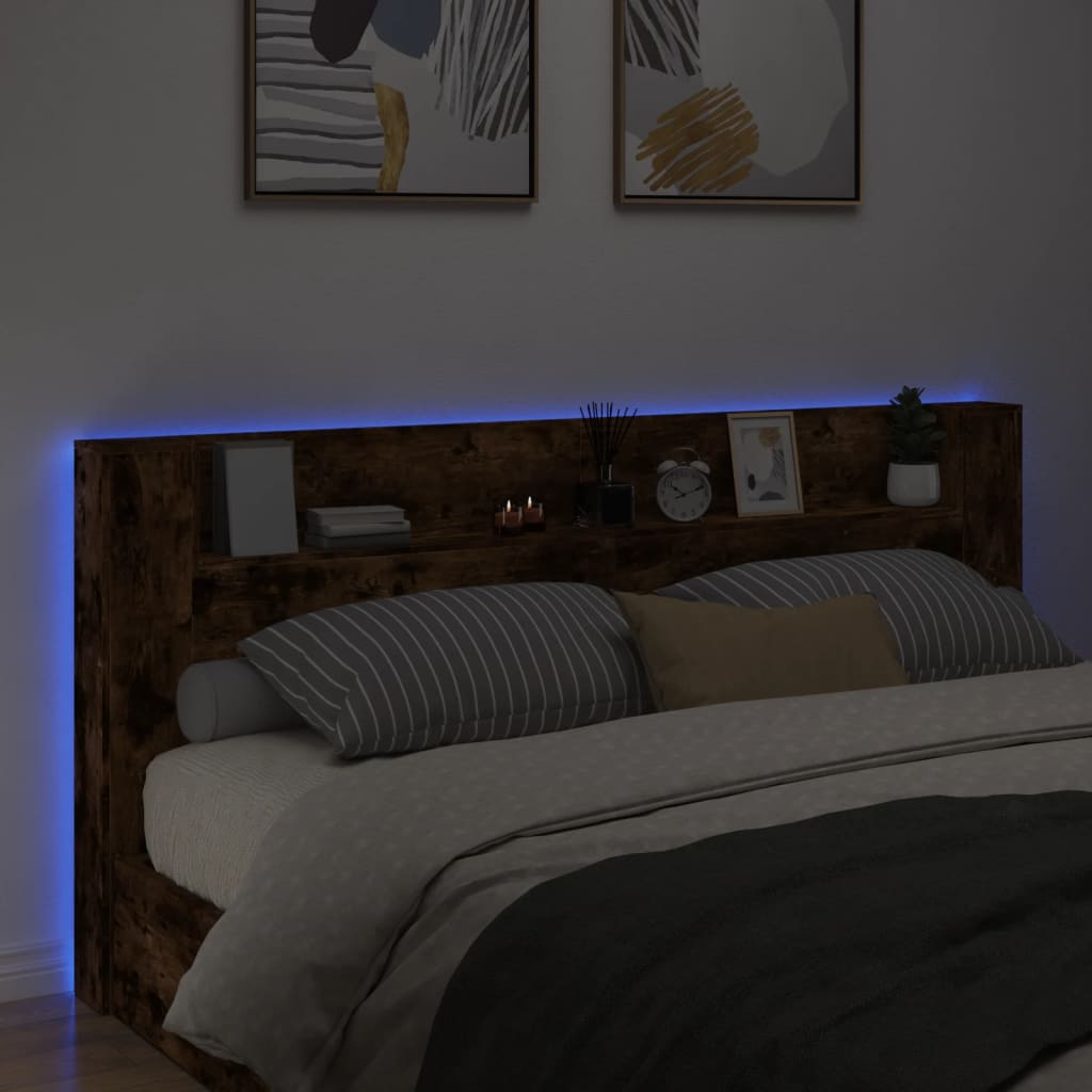 Headboard Cabinet with LED Smoked Oak 220x16,5x103,5 cm