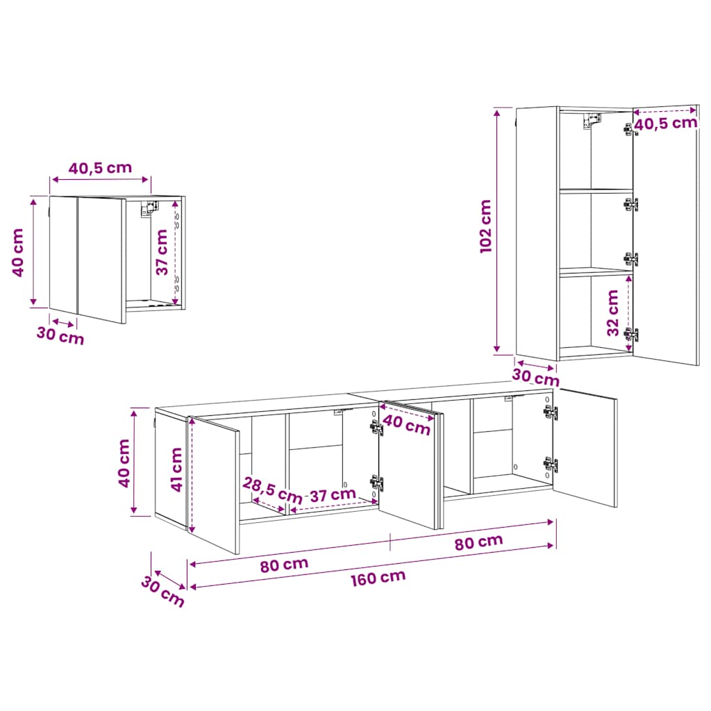 4 Piece TV Wall Units White Engineered Wood