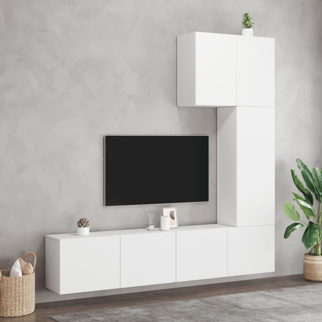 5 Piece TV Wall Units White Engineered Wood