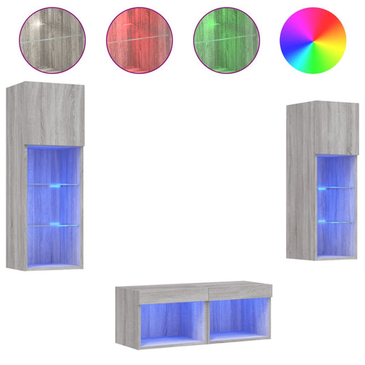 4 Piece TV Wall Cabinets with LED Lights Grey Sonoma