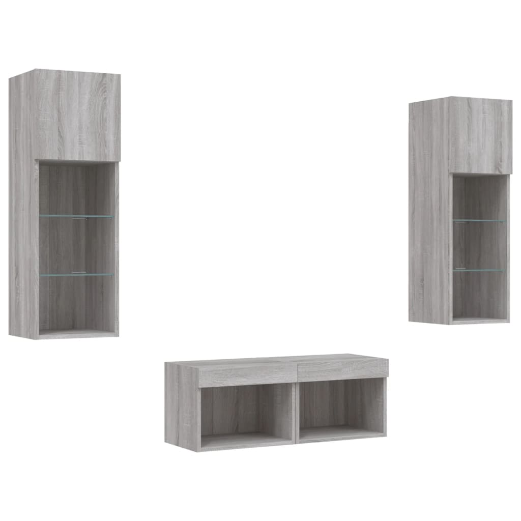 4 Piece TV Wall Cabinets with LED Lights Grey Sonoma