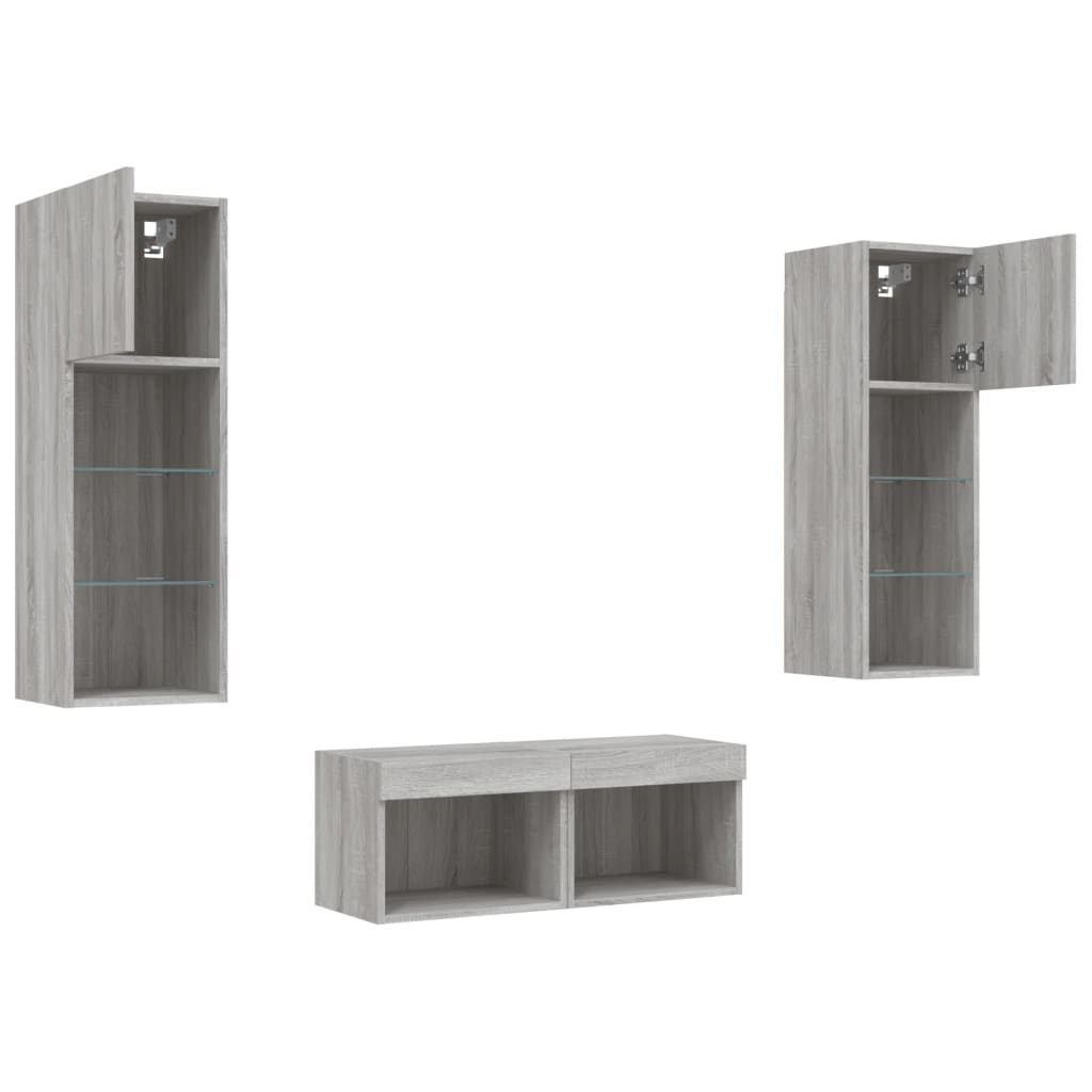 4 Piece TV Wall Cabinets with LED Lights Grey Sonoma