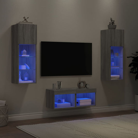 4 Piece TV Wall Cabinets with LED Lights Grey Sonoma