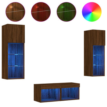 4 Piece TV Wall Cabinets with LED Lights Brown Oak