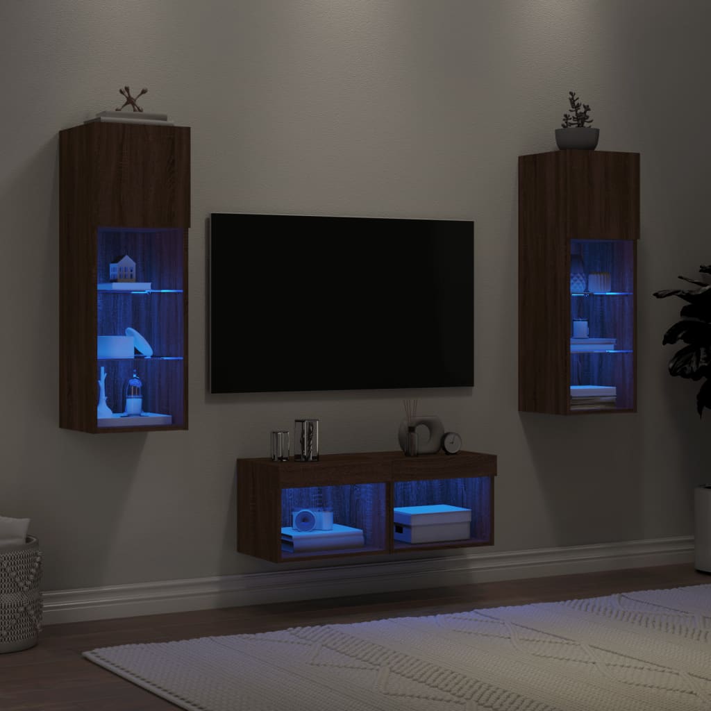 4 Piece TV Wall Cabinets with LED Lights Brown Oak