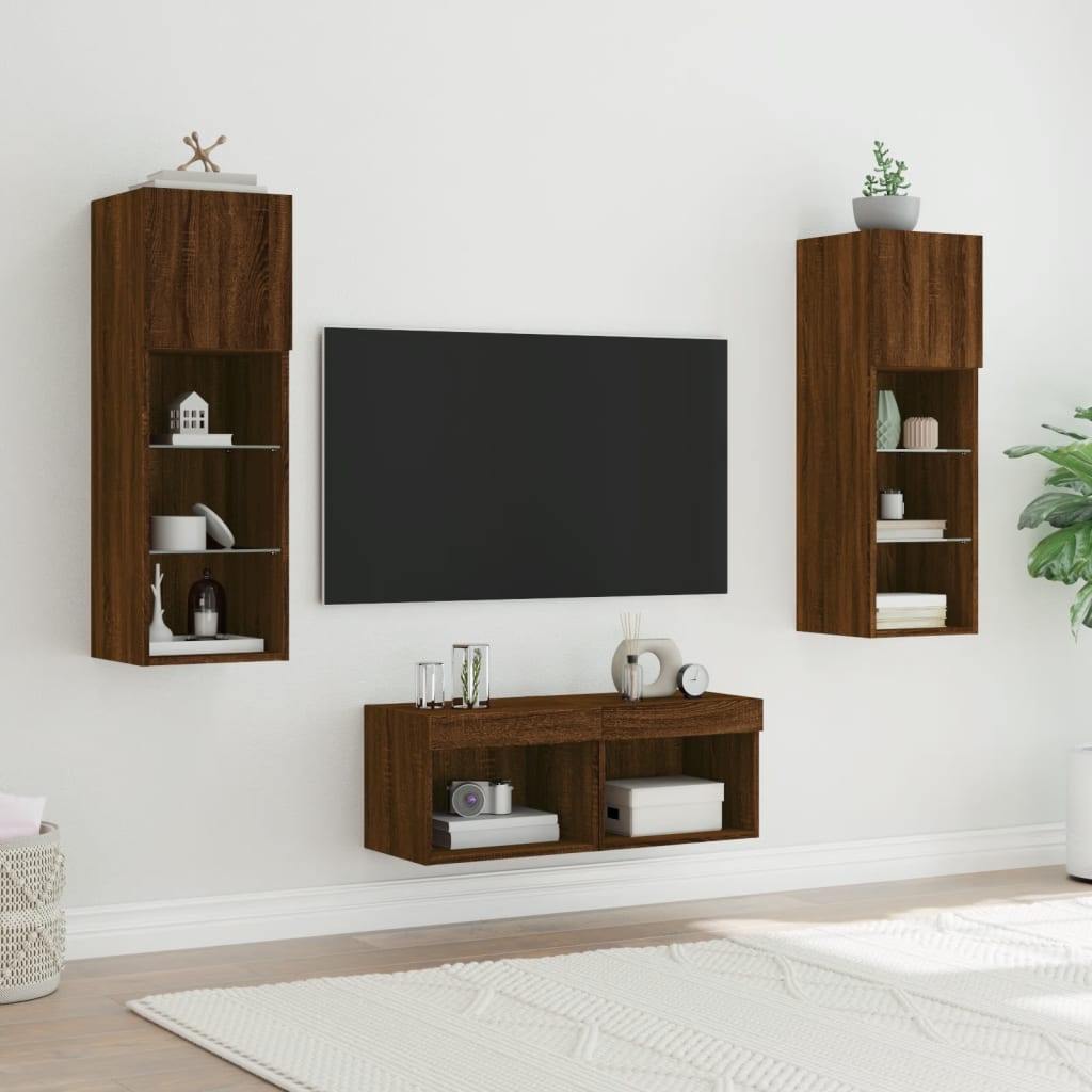 4 Piece TV Wall Cabinets with LED Lights Brown Oak