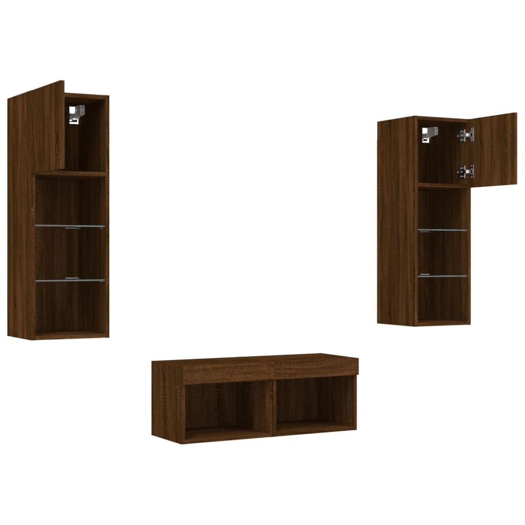 4 Piece TV Wall Cabinets with LED Lights Brown Oak