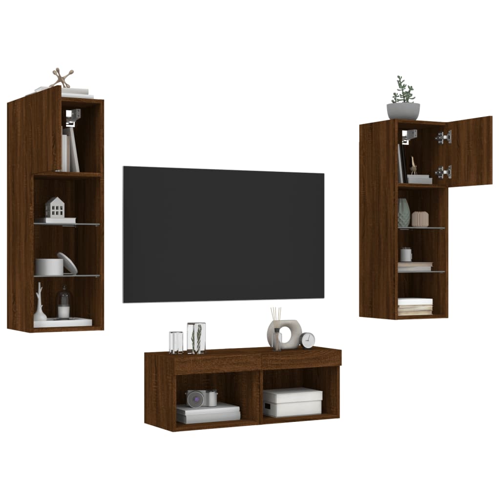 4 Piece TV Wall Cabinets with LED Lights Brown Oak