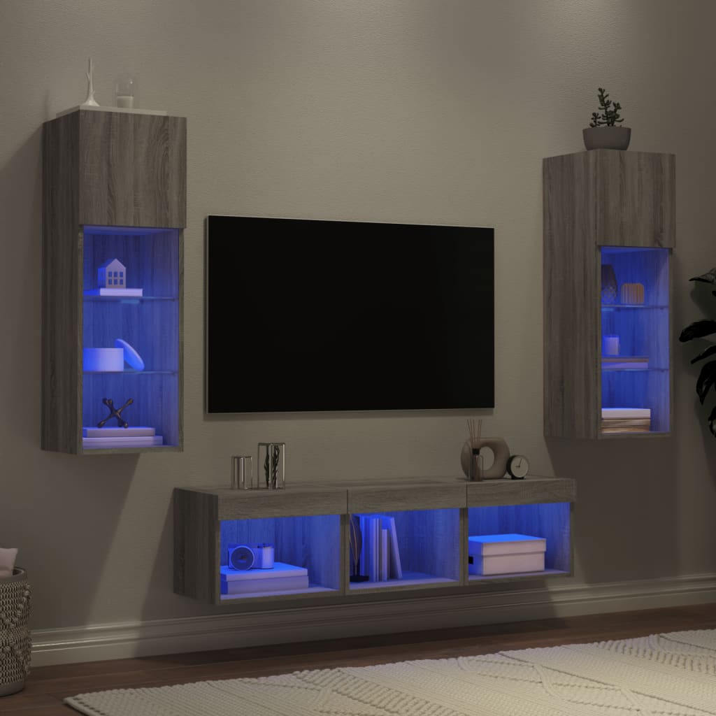 5 Piece TV Wall Units with LED Grey Sonoma Engineered Wood