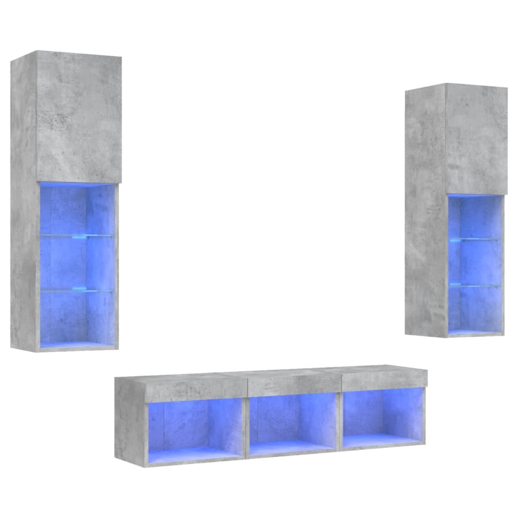 5 Piece TV Wall Units with LED Concrete Grey Engineered Wood