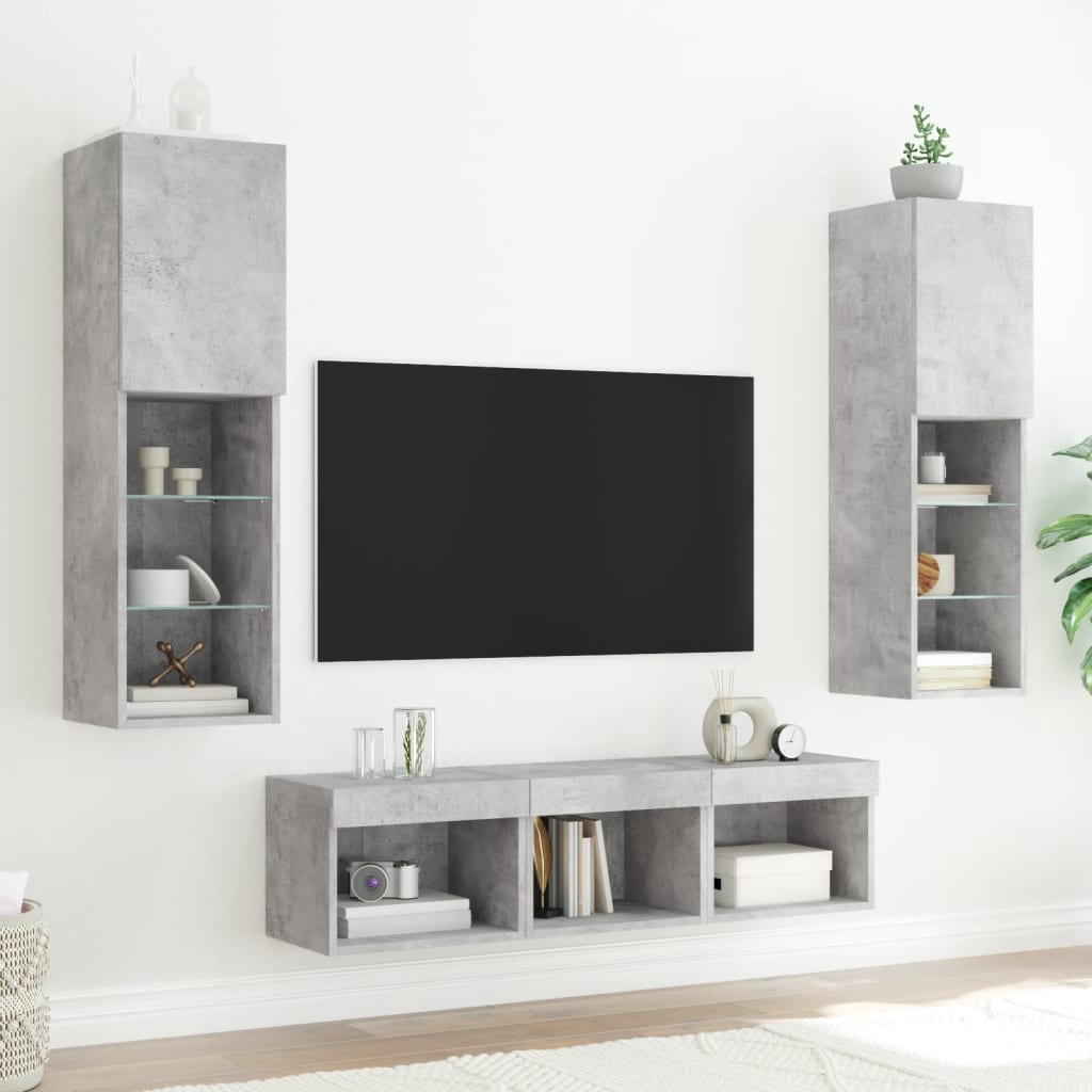 5 Piece TV Wall Units with LED Concrete Grey Engineered Wood