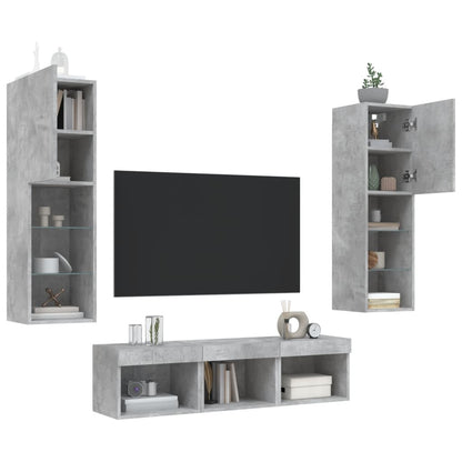 5 Piece TV Wall Units with LED Concrete Grey Engineered Wood