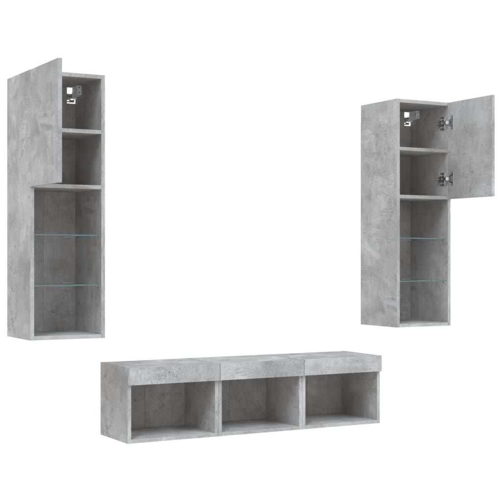 5 Piece TV Wall Units with LED Concrete Grey Engineered Wood