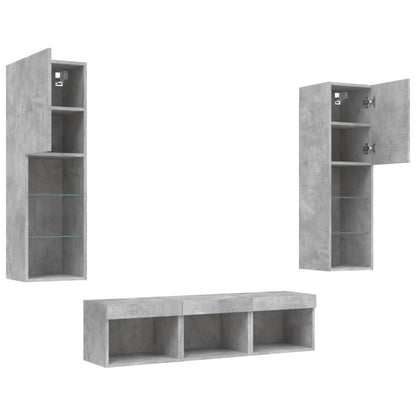5 Piece TV Wall Units with LED Concrete Grey Engineered Wood