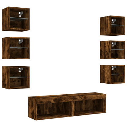 8 Piece TV Wall Units with LED Smoked Oak Engineered Wood