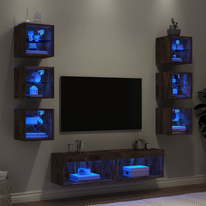 8 Piece TV Wall Units with LED Smoked Oak Engineered Wood