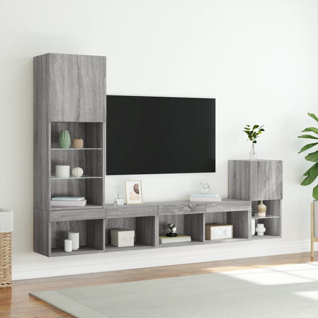 4 Piece TV Wall Units with LED Grey Sonoma Engineered Wood