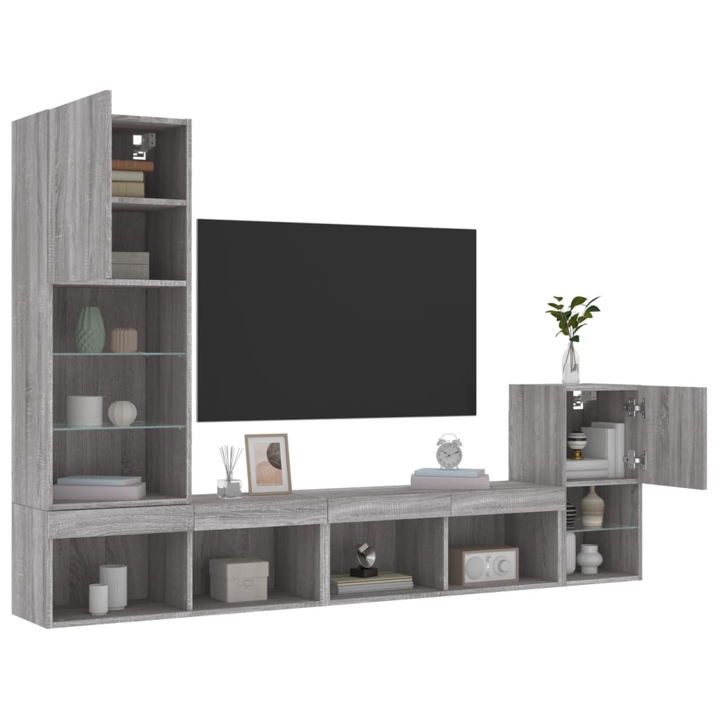 4 Piece TV Wall Units with LED Grey Sonoma Engineered Wood