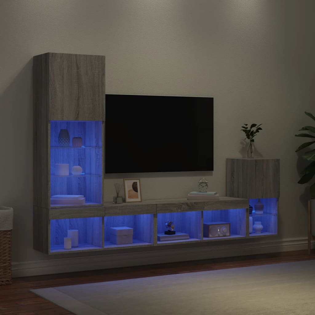 4 Piece TV Wall Units with LED Grey Sonoma Engineered Wood