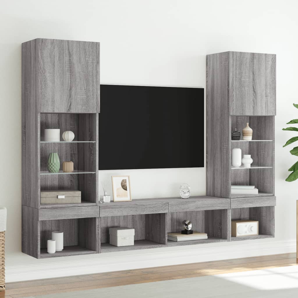 5 Piece TV Wall Units with LED Grey Sonoma Engineered Wood