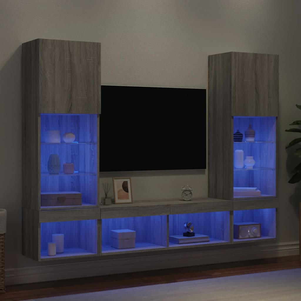 5 Piece TV Wall Units with LED Grey Sonoma Engineered Wood