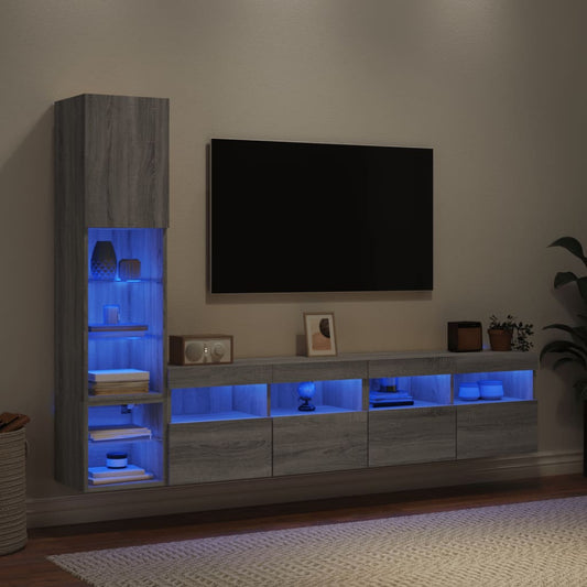 4 Piece TV Wall Units with LED Grey Sonoma Engineered Wood