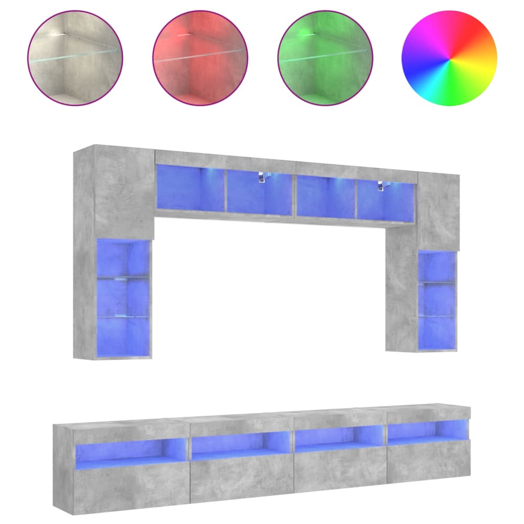 8 Piece TV Wall Cabinet Set with LED Lights Concrete Grey
