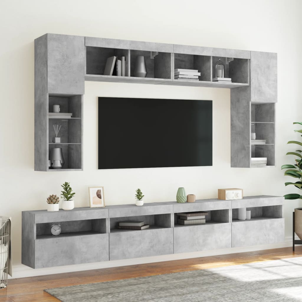 8 Piece TV Wall Cabinet Set with LED Lights Concrete Grey