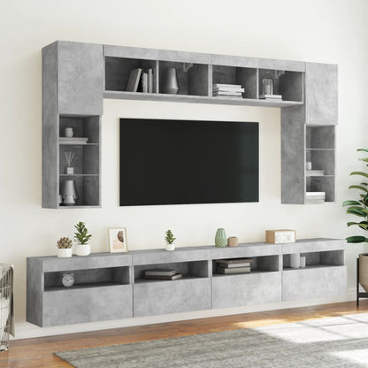 8 Piece TV Wall Cabinet Set with LED Lights Concrete Grey