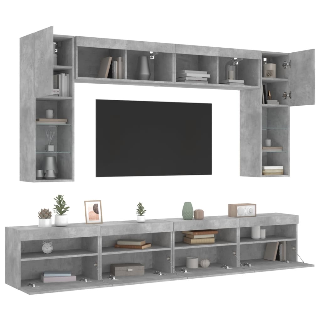 8 Piece TV Wall Cabinet Set with LED Lights Concrete Grey