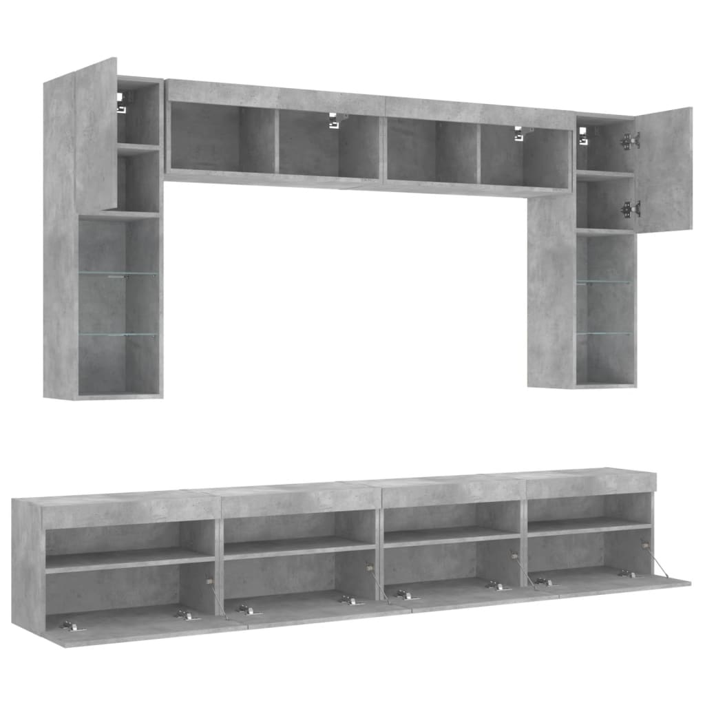 8 Piece TV Wall Cabinet Set with LED Lights Concrete Grey