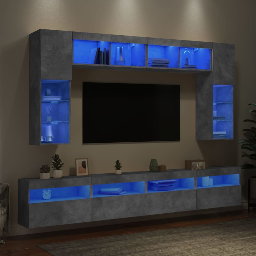 8 Piece TV Wall Cabinet Set with LED Lights Concrete Grey
