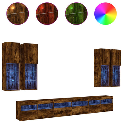 7 Piece TV Wall Cabinet Set with LED Lights Smoked Oak