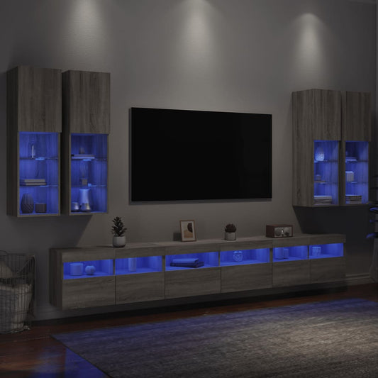 7 Piece TV Wall Cabinet Set with LED Lights Grey Sonoma