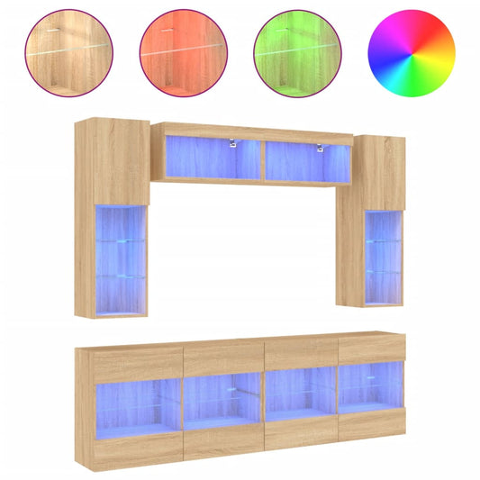 6 Piece TV Wall Cabinet Set with LED Lights Sonoma Oak
