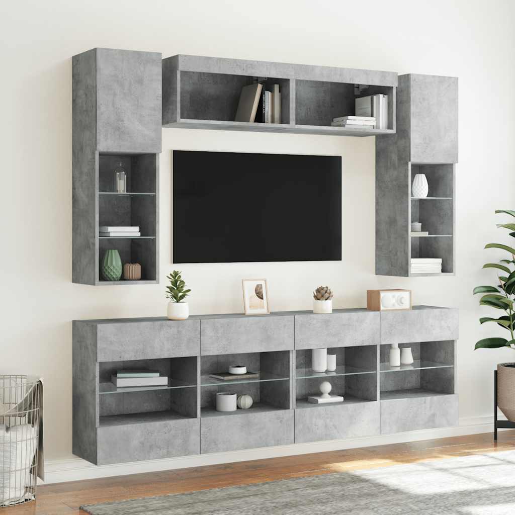 6 Piece TV Wall Cabinet Set with LED Lights Concrete Grey