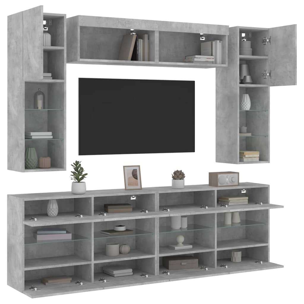 6 Piece TV Wall Cabinet Set with LED Lights Concrete Grey