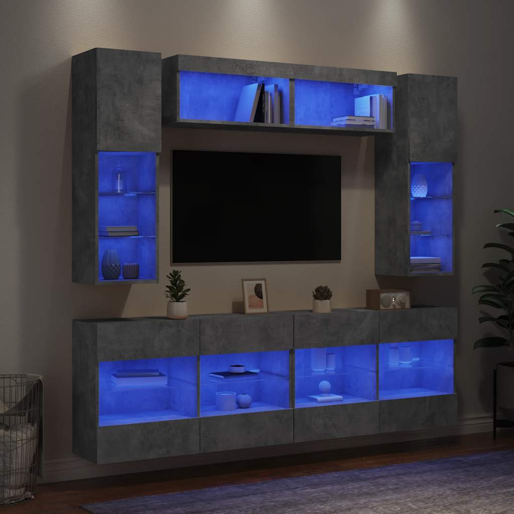 6 Piece TV Wall Cabinet Set with LED Lights Concrete Grey