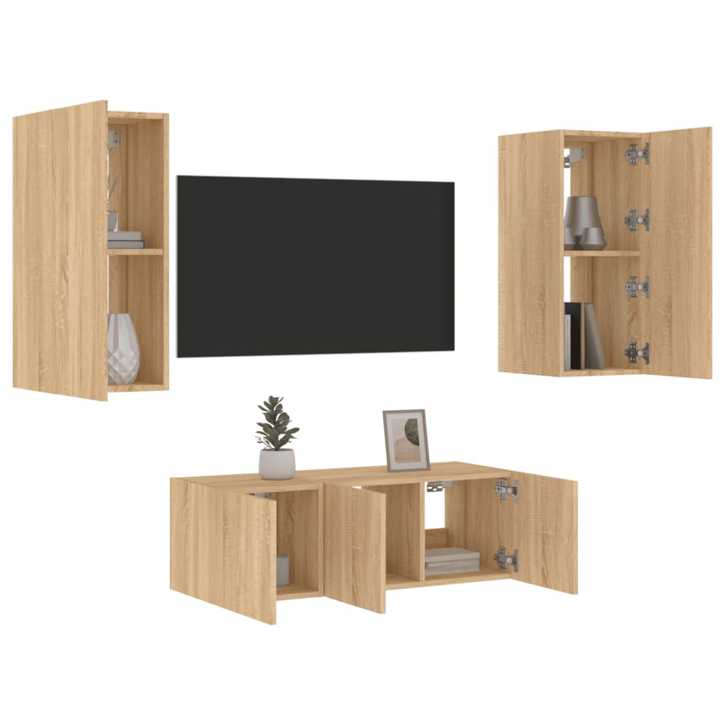 4 Piece TV Wall Units with LED Sonoma Oak Engineered Wood