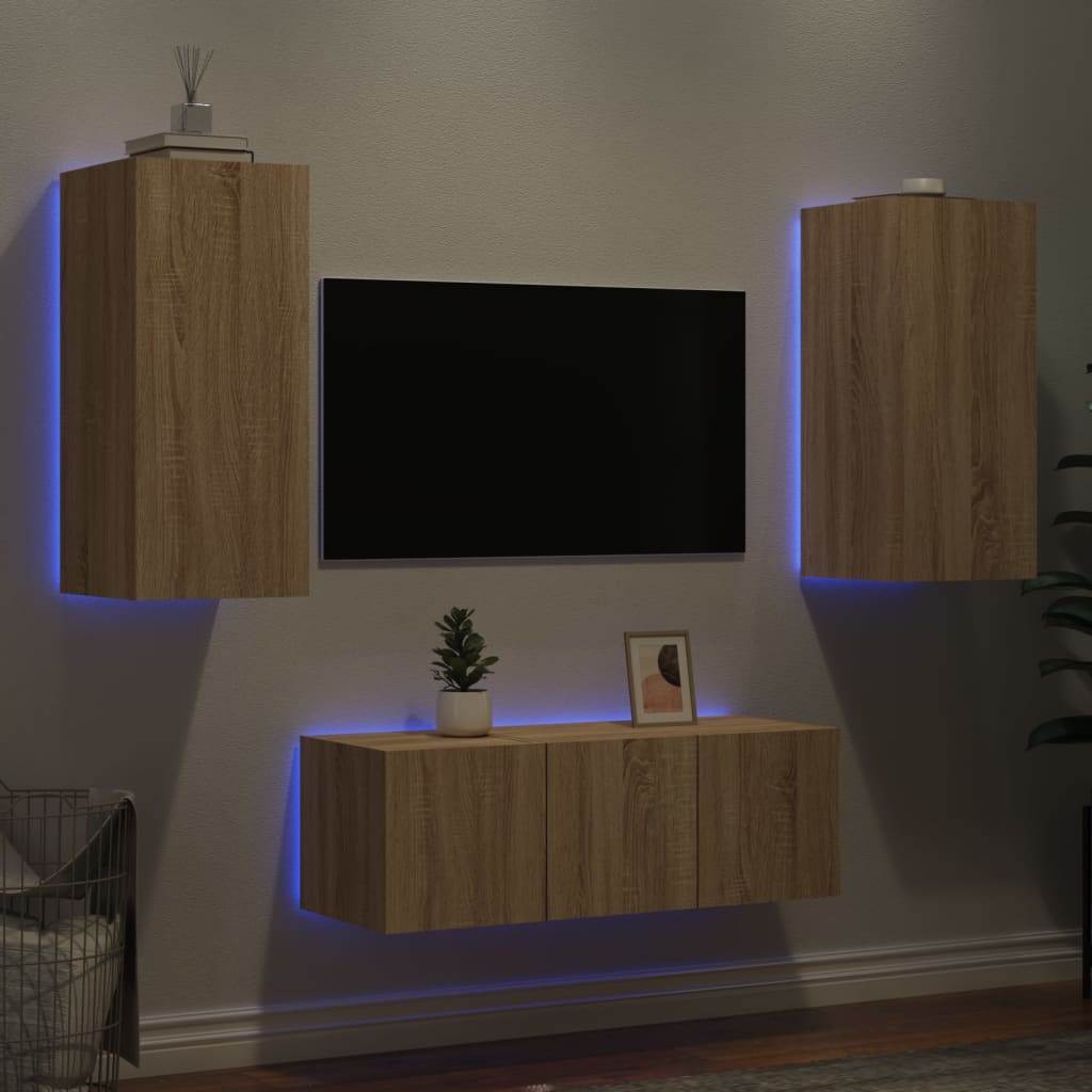 4 Piece TV Wall Units with LED Sonoma Oak Engineered Wood