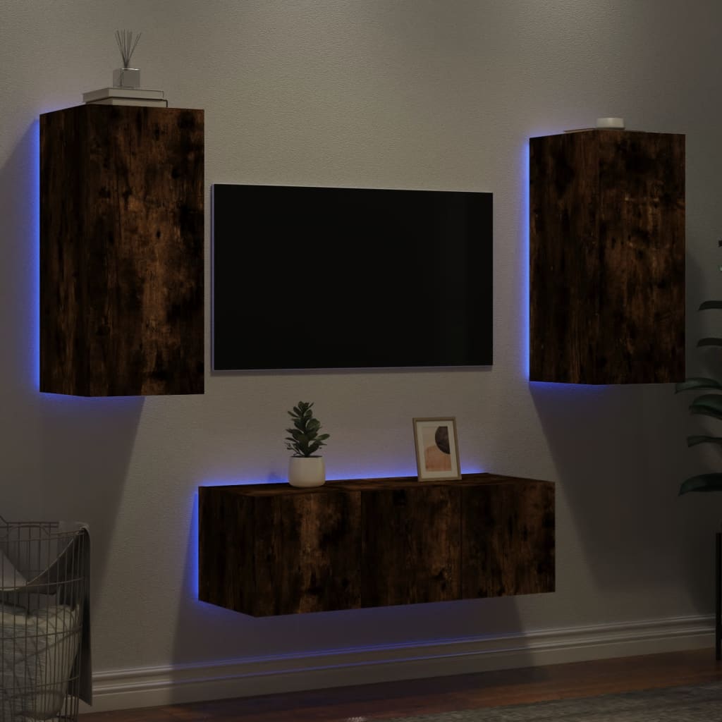 4 Piece TV Wall Units with LED Smoked Oak Engineered Wood