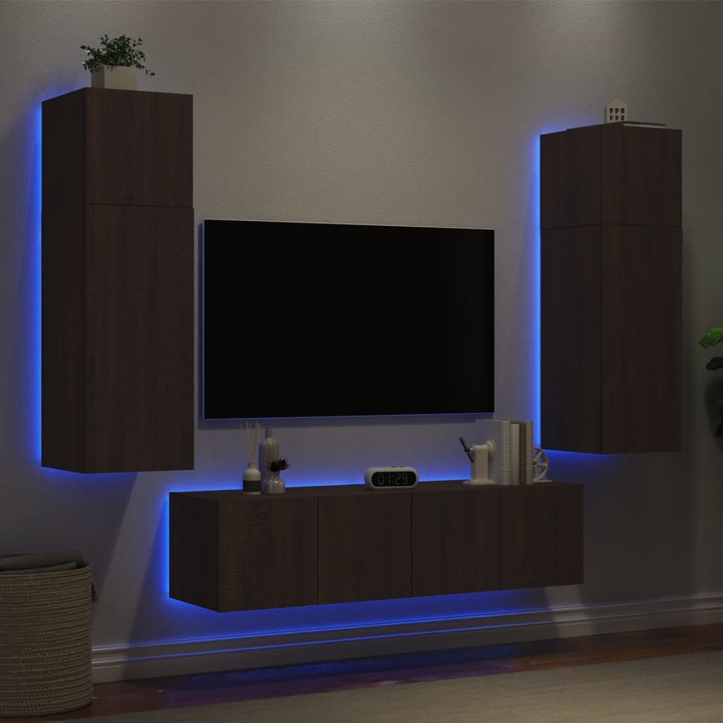 6 Piece TV Wall Units with LED Brown Oak Engineered Wood