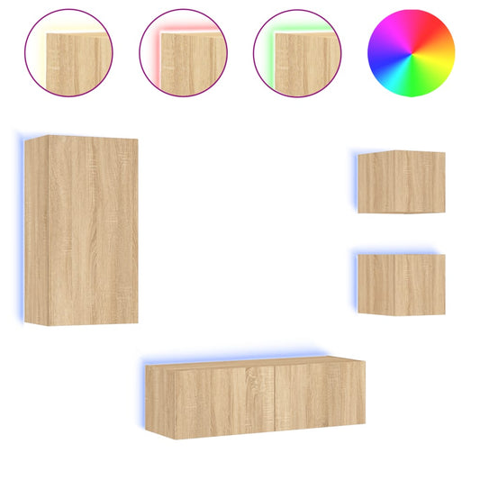 4 Piece TV Wall Cabinets with LED Lights Sonoma Oak