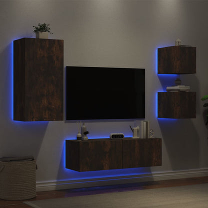 4 Piece TV Wall Cabinets with LED Lights Smoked Oak