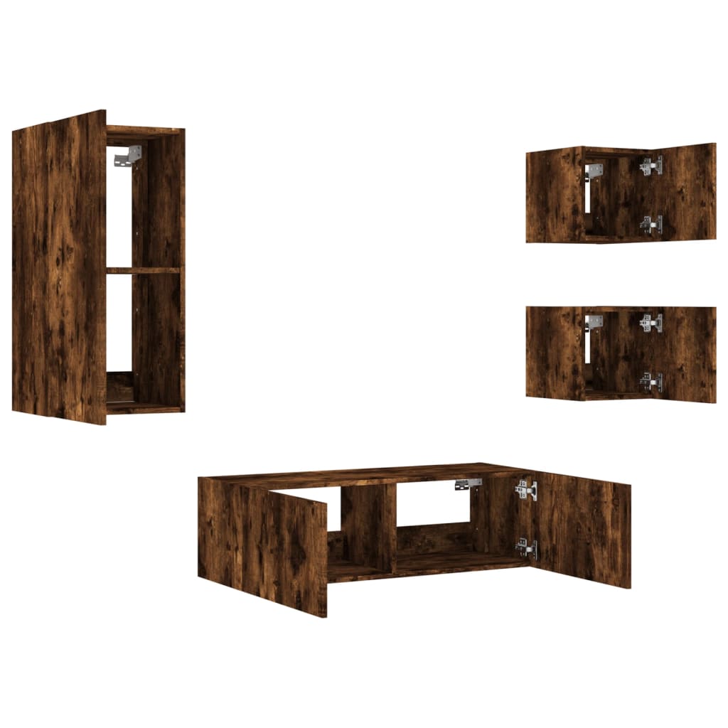 4 Piece TV Wall Cabinets with LED Lights Smoked Oak