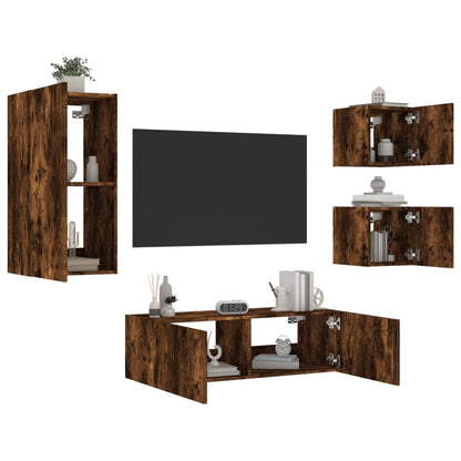 4 Piece TV Wall Cabinets with LED Lights Smoked Oak