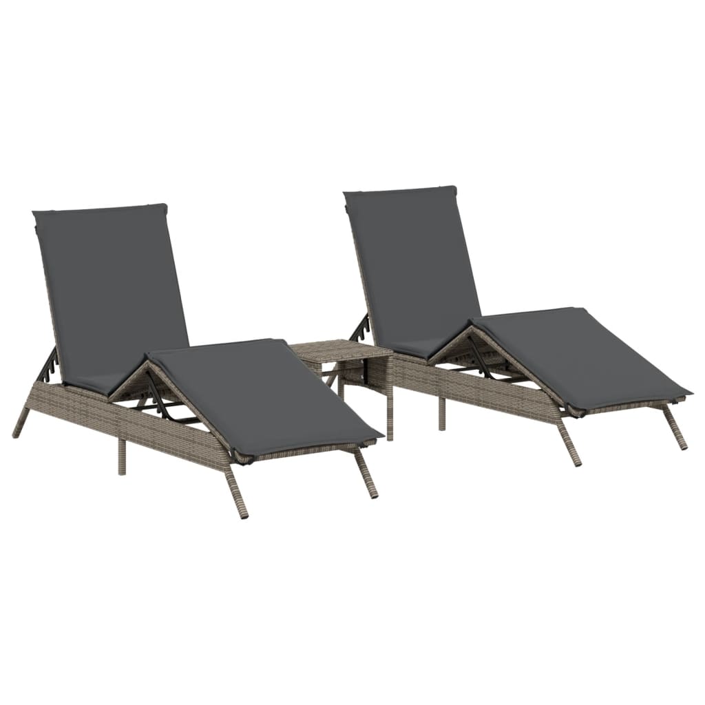 Sun Loungers 2 pcs with Table Gray Poly Rattan