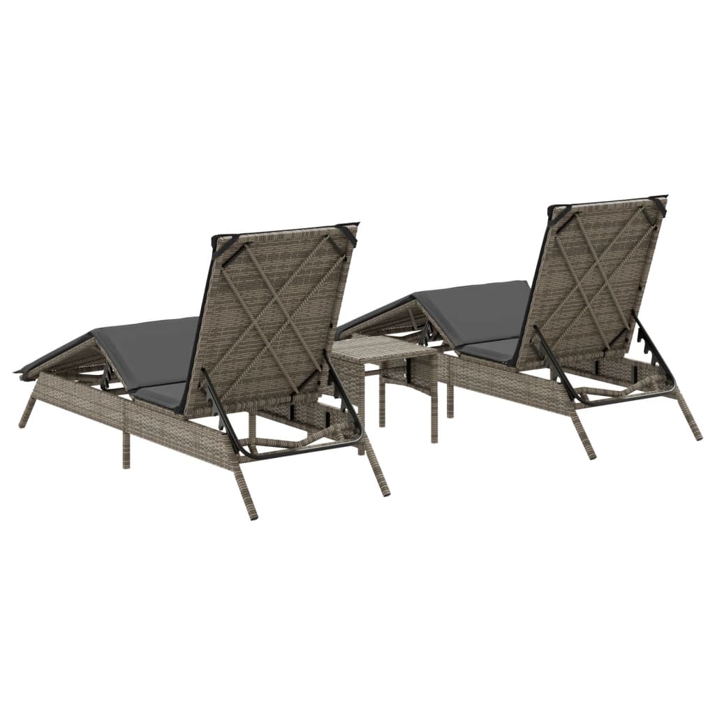 Sun Loungers 2 pcs with Table Gray Poly Rattan